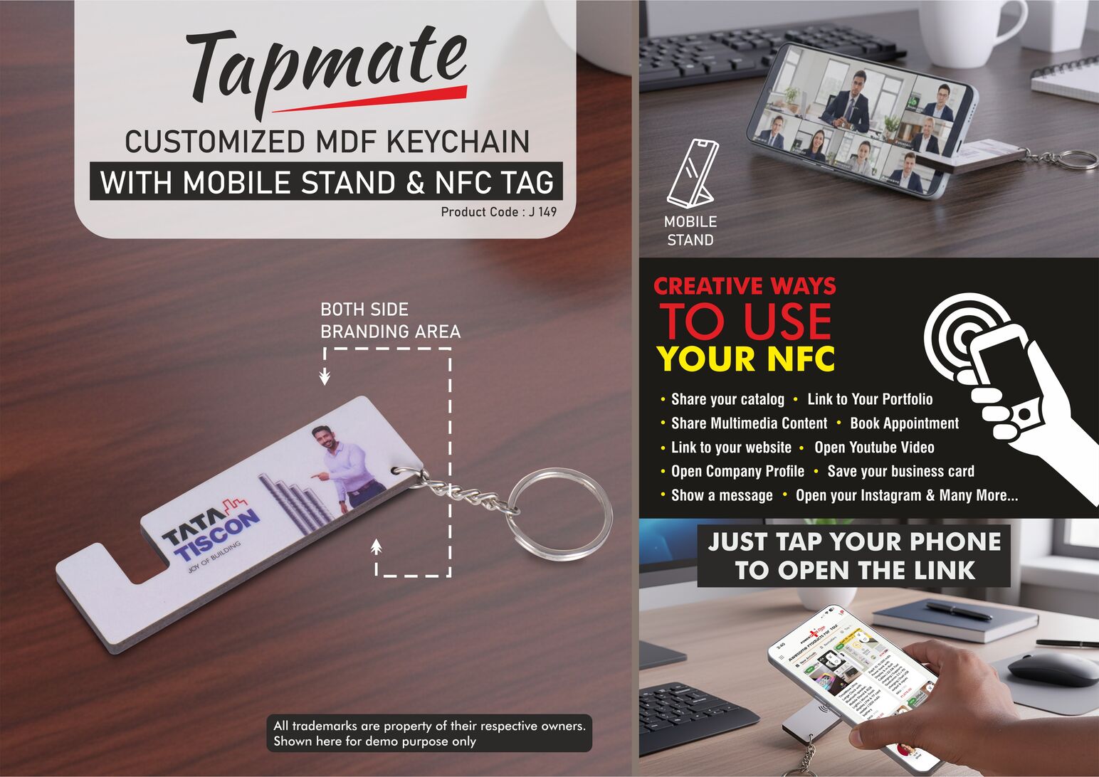 Tapmate: Customized MDF Keychain with Mobile stand & NFC
Tag | Link to your Catalog, Website, Video, etc | Double side
branding -
https://youtu.be/6wgnLwSvRaM