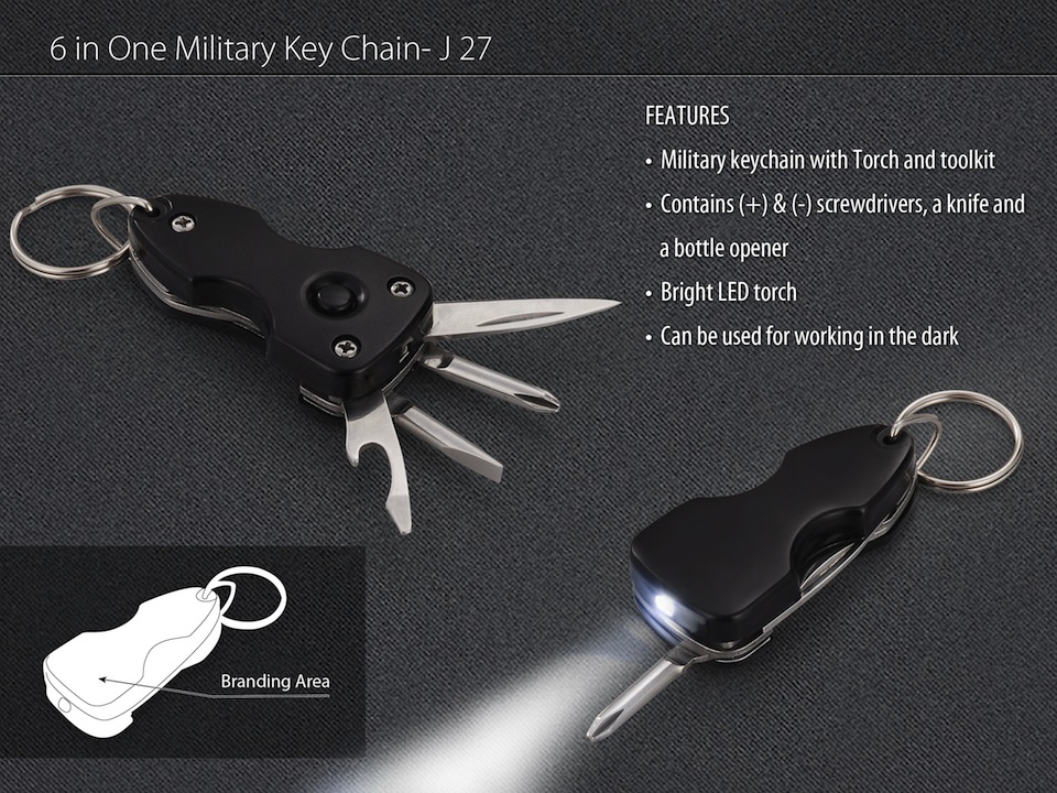 6 in 1 military keychain with toolkit and torch