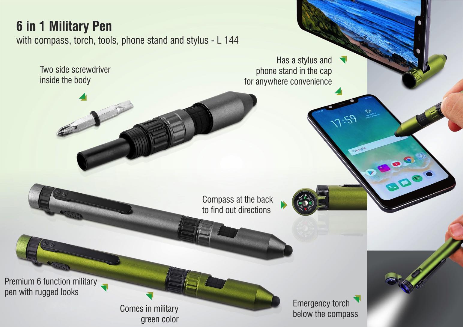 6 in 1 Military pen with compass, torch, tools, phone stand and
stylus