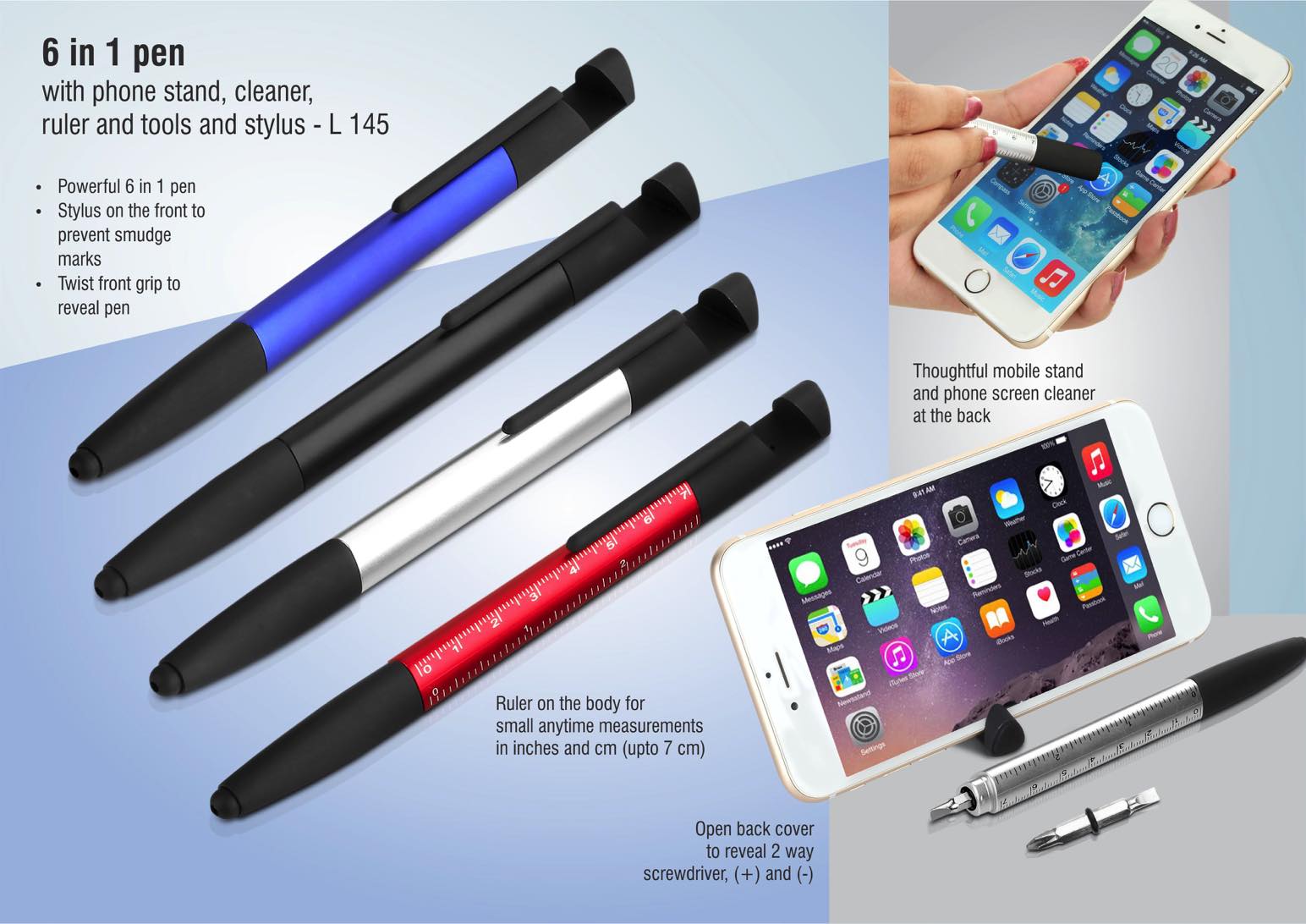 6 in 1 pen with phone stand, cleaner, ruler, tools and stylus -
https://youtu.be/Swg1YO1bM20