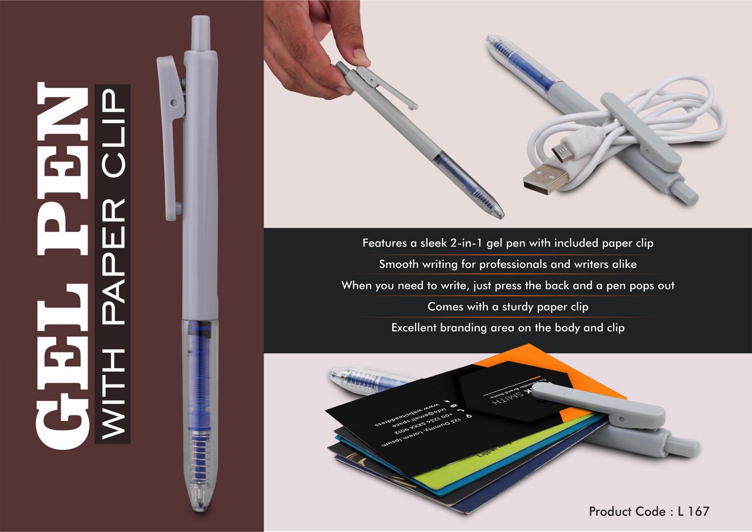 Gel pen with paper clip