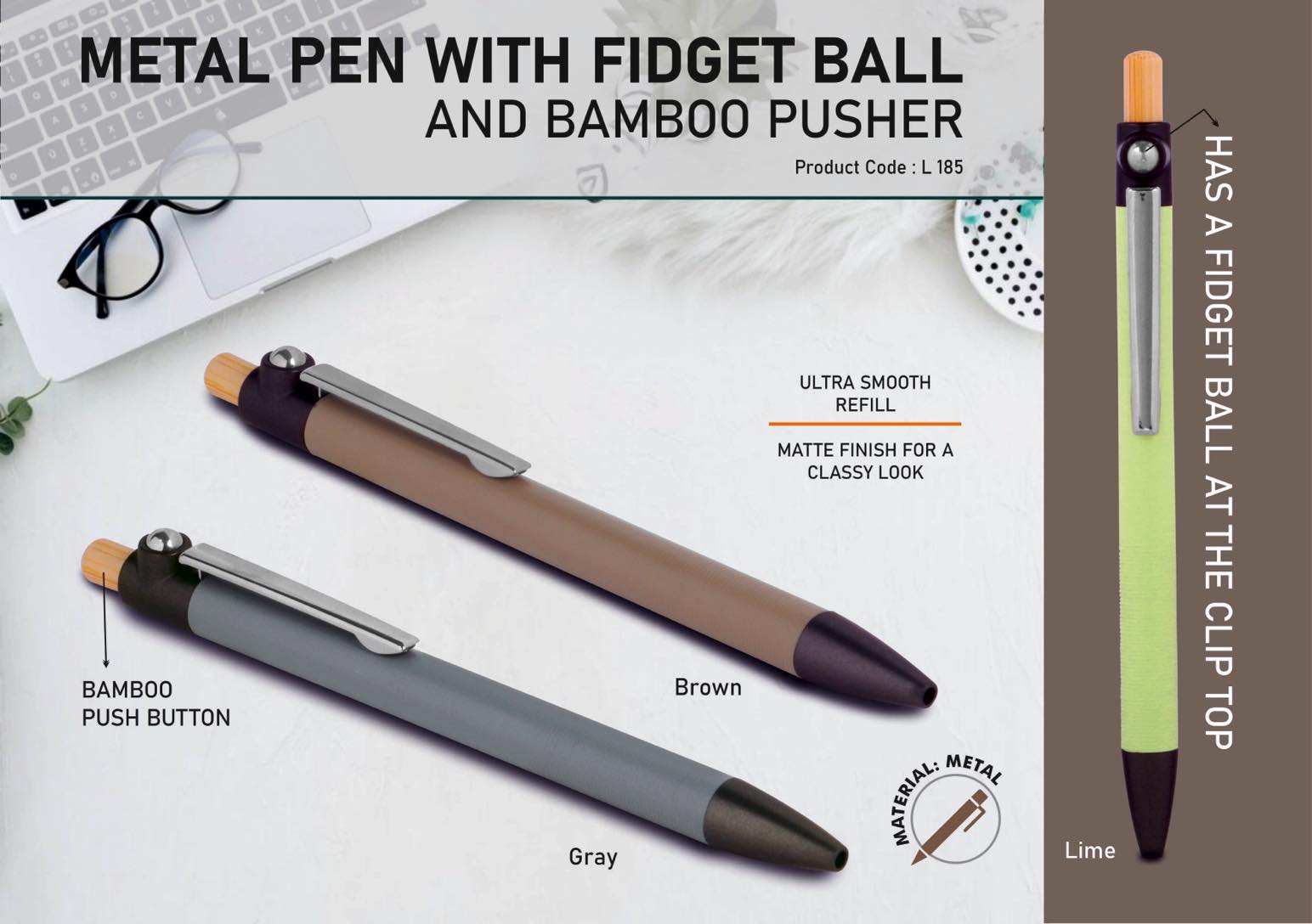 Metal pen with Bamboo pusher and Fidget ball