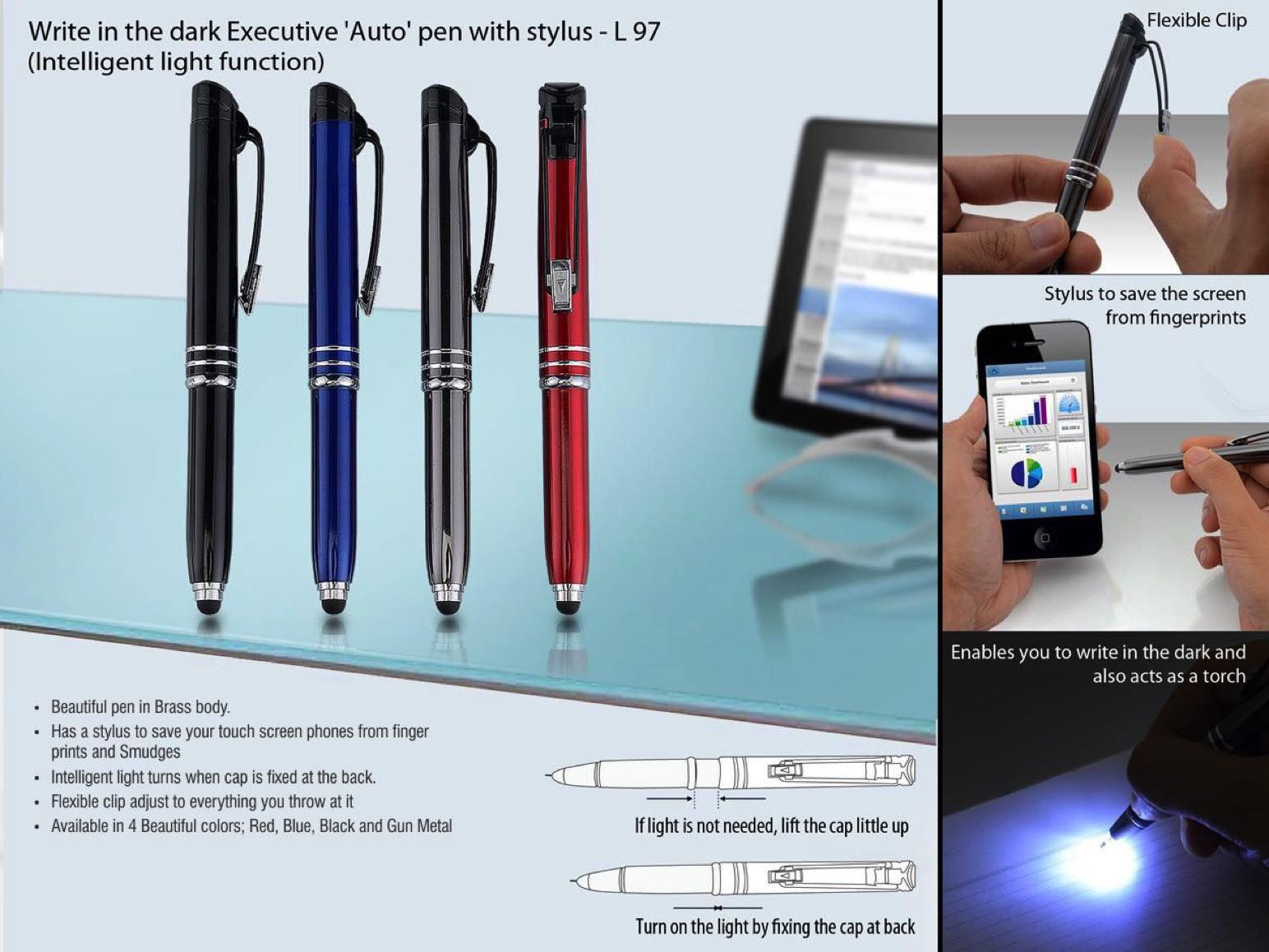 Write in the dark executive 'Auto' pen with stylus (brass body)
