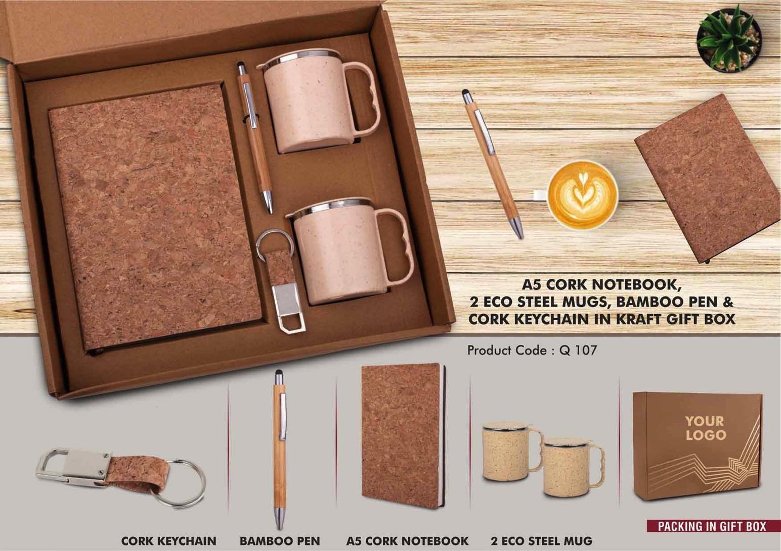 EcoSet 1: Set of A5 Cork notebook, 2 Eco Steel mugs, Bamboo
Pen & Cork Keychain in Kraft Gift Box