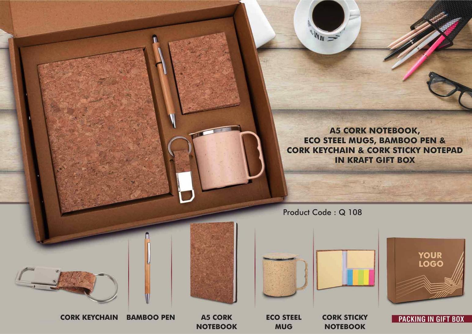 EcoSet 2: Set of A5 Cork notebook, Eco Steel mug, Bamboo
Pen, Cork Keychain & Cork Sticky notepad in Kraft Gift Box