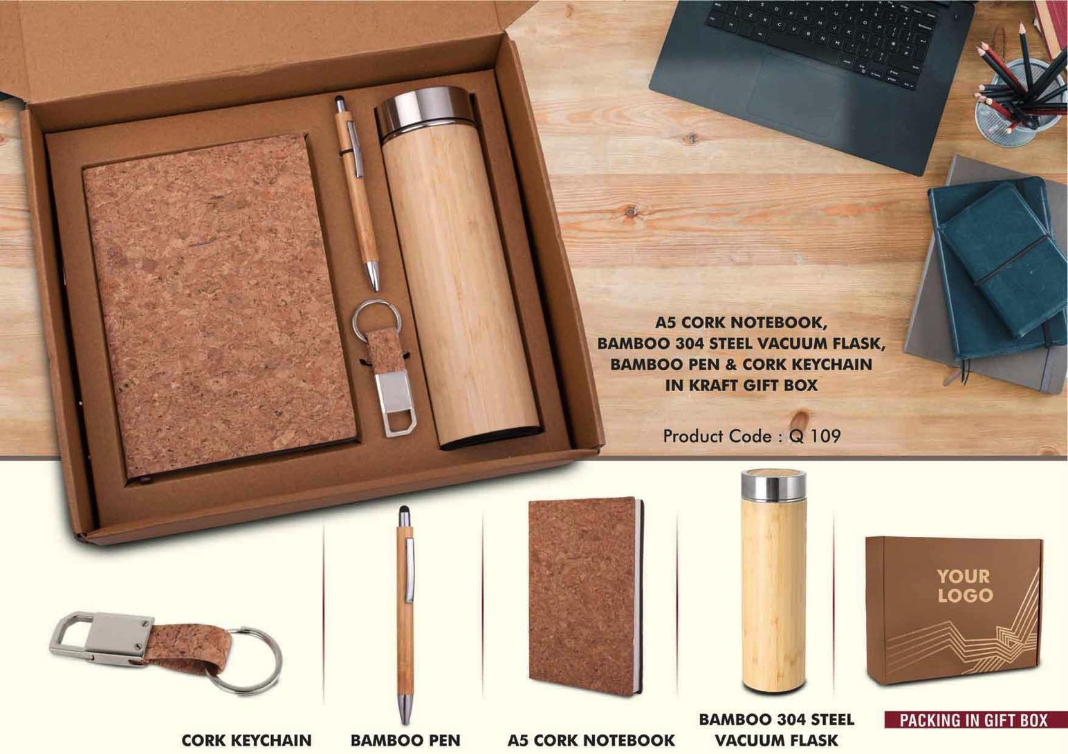 EcoSet 3: Set of A5 Cork notebook, Bamboo 304 Steel Vacuum
Flask, Bamboo Pen & Cork Keychain in Kraft Gift Box