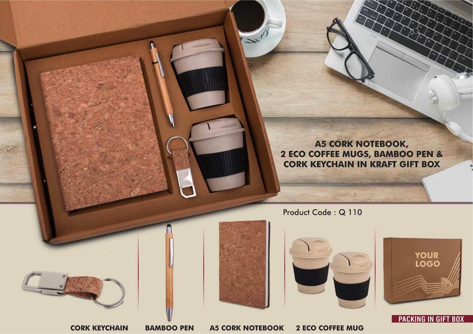 EcoSet 4: Set of A5 Cork notebook, 2 Bamboo Coffee Mugs with
Silicon Sleeve, Bamboo Pen & Cork Keychain in Kraft Gift Box