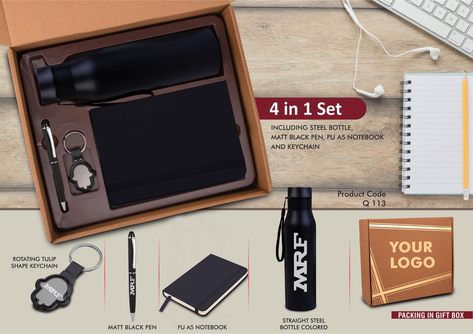 4 in 1 Black set: Tulip shape Keychain, SS Bottle, Metal Pen and
A5 PU notebook in Kraft Gift Box