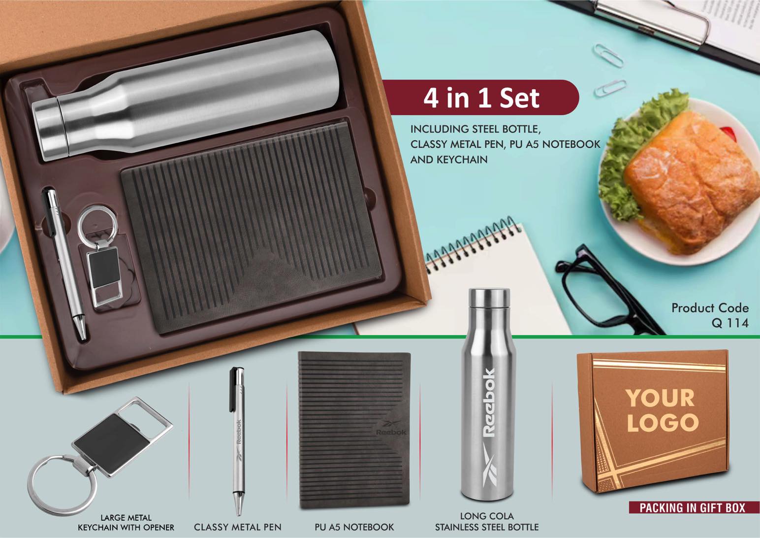 4 in 1 Gray set: Metal keychain, SS bottle, Metal Pen and A5 PU
notebook in Kraft Gift Box