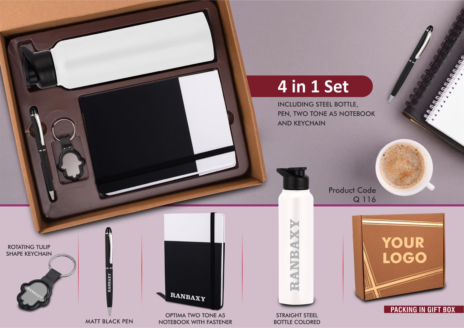 4 in 1 Dual Tone set: Tulip shape Keychain, SS colored bottle,
Metal Pen and A5 PU notebook in Kraft Gift Box