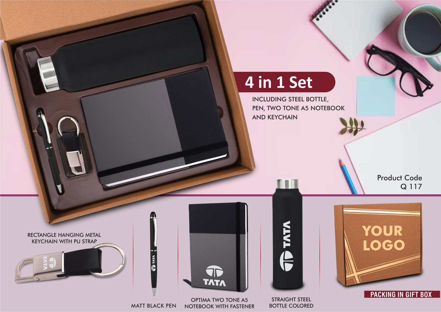 4 in 1 Dual Tone set: Rectangle metal keychain, SS colored
bottle, Metal Pen and A5 PU notebook in Kraft Gift Box