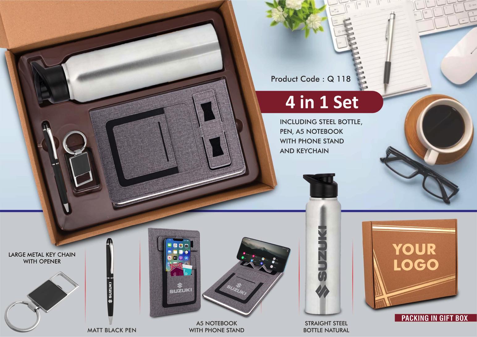 4 in 1 Gray set: Metal Keychain, SS natural bottle, Metal Pen
and 4 in 1 notebook in Kraft Gift Box