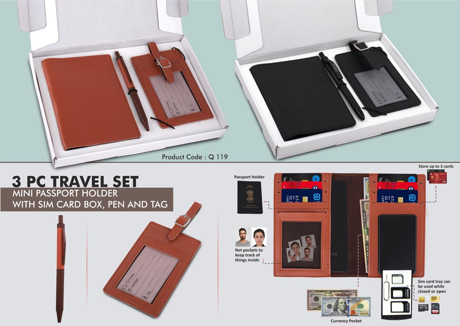 3 pc Travel set: Mini Passport holder with Sim card box,
Luggage tag & Metal Pen in Gift box