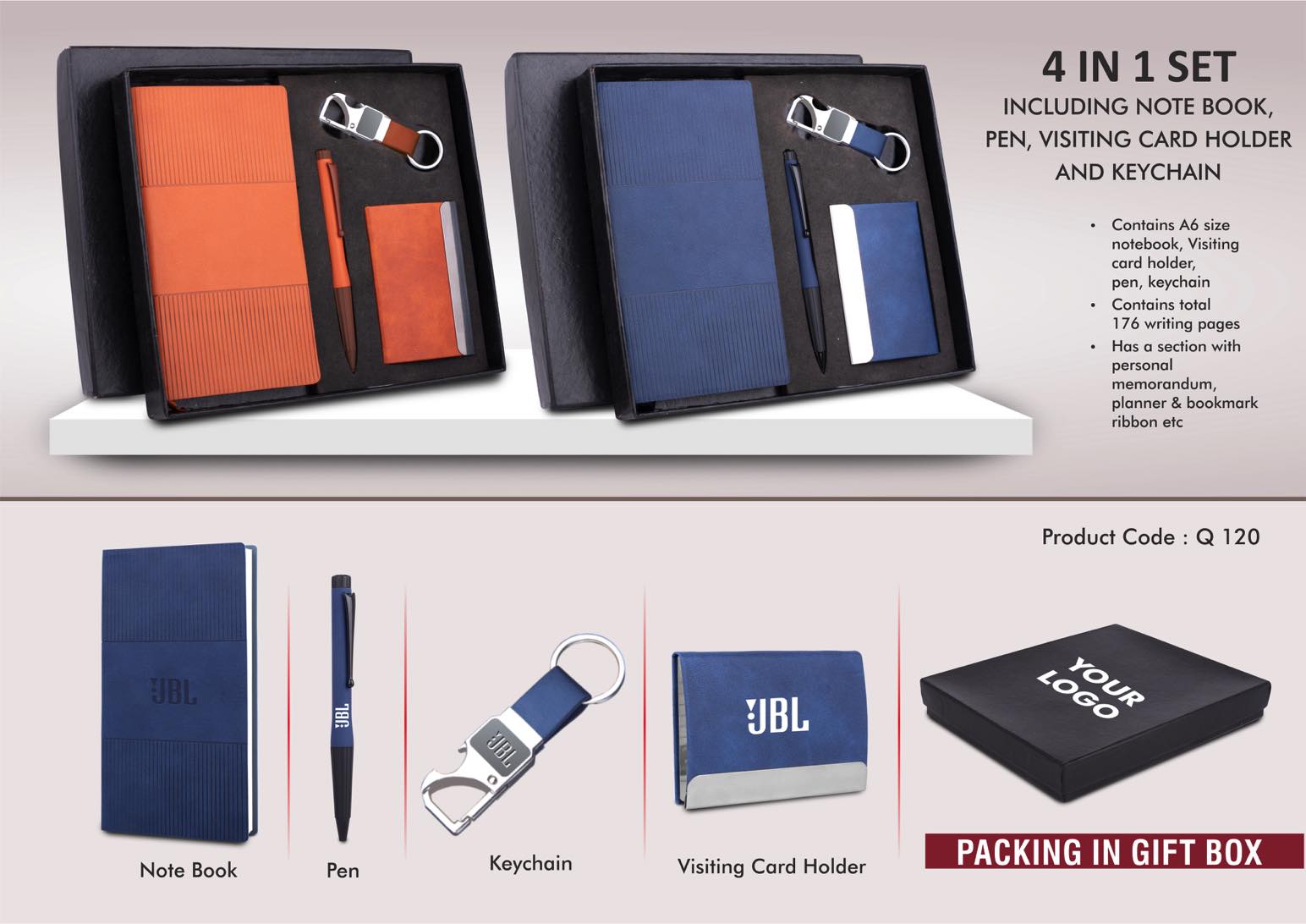 4 pc Notebook Set: A6 size notebook, Metal Pen, Loop Keychain
& Visiting card holder in Gift box