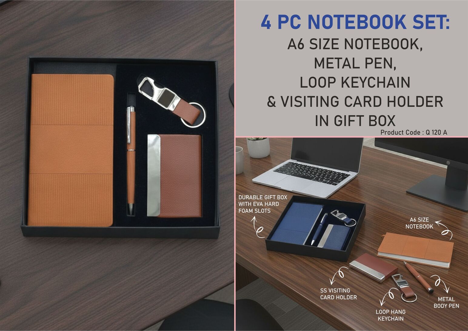 4 pc Notebook Set: A6 size notebook, Metal Pen, Loop Keychain
& Visiting card holder in Gift box