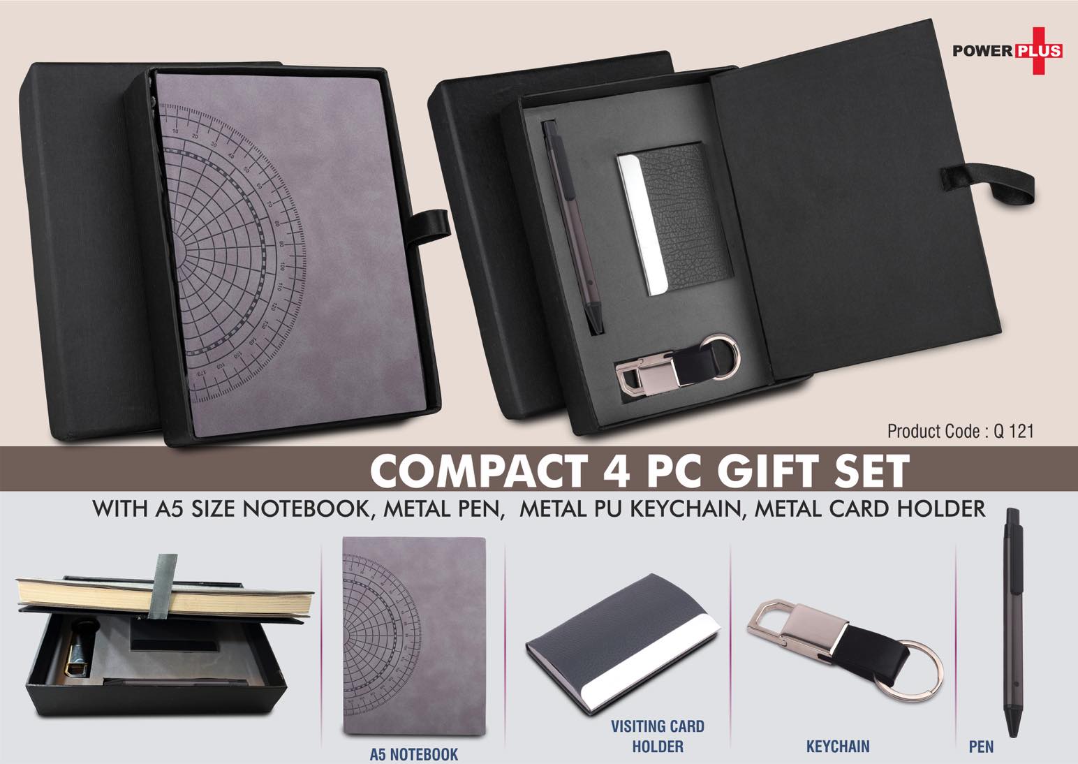 Compact 4 pc Gray gift set: A5 size Notebook, Metal pen, Metal
PU Keychain, Metal Card holder