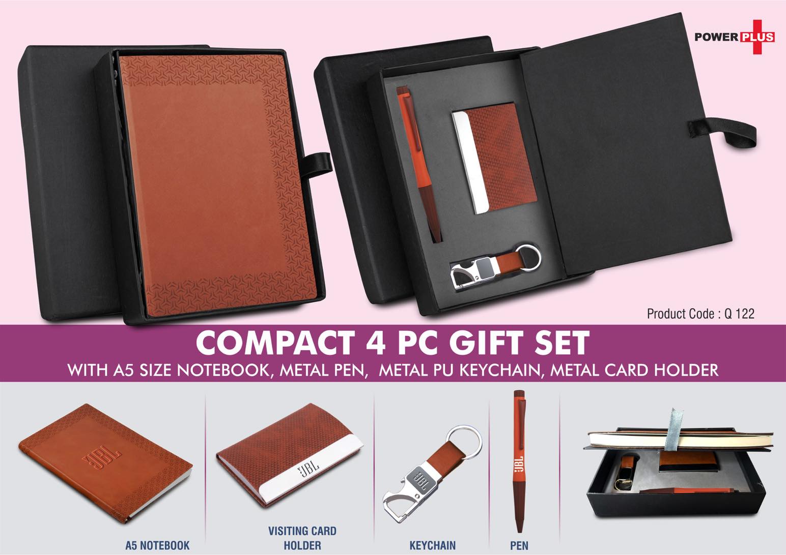 Compact 4 pc Tan gift set: A5 size Notebook, Metal pen, Metal
PU Keychain, Metal Card holder