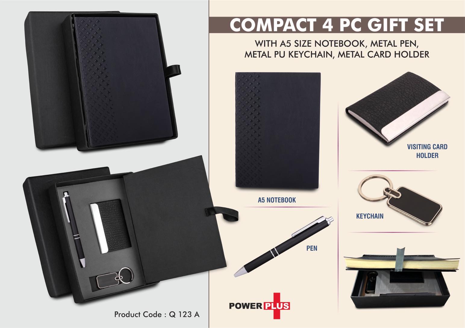 Compact 4 pc Black gift set: A5 size Notebook, Metal pen, Metal
PU Keychain, Metal Card holder
