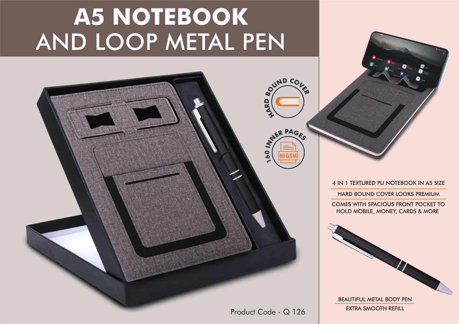 Gray Notebook Gift set: Multifunction Notebook With Classy
Metal Pen