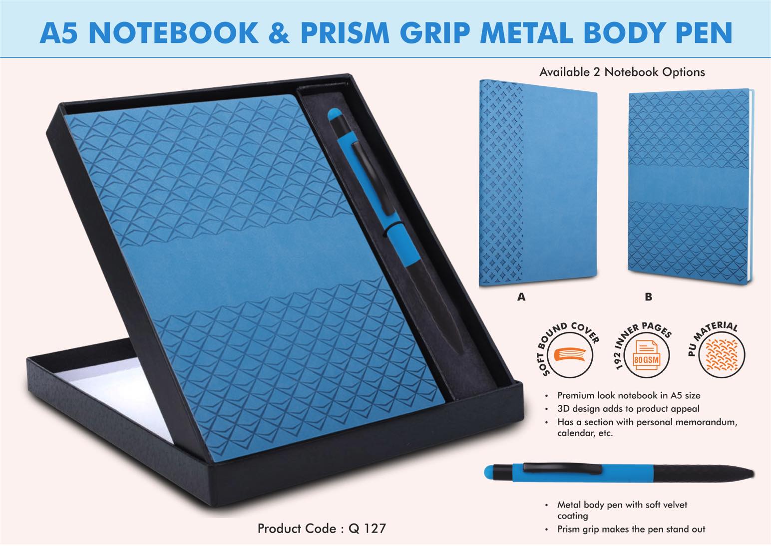 Blue Notebook Gift set: A5 PU Notebook With Prism Metal Pen