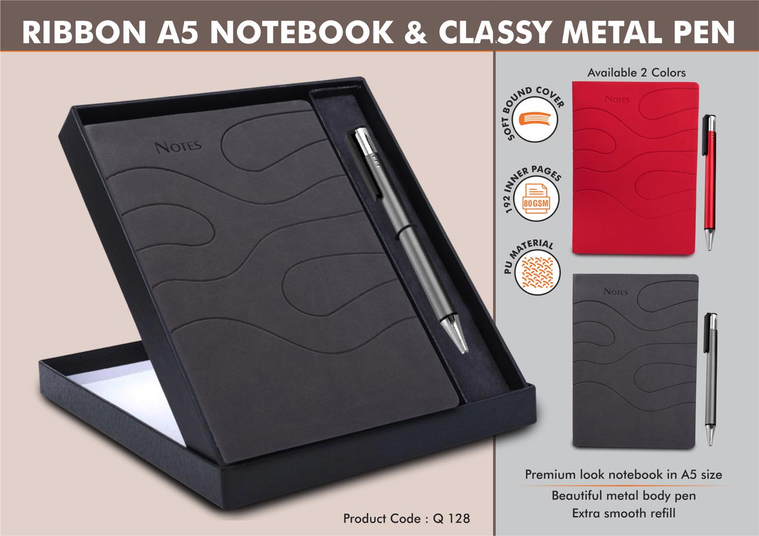 Ribbon Notebook Gift set: A5 Ribbon Notebook With Classy
Metal Pen
