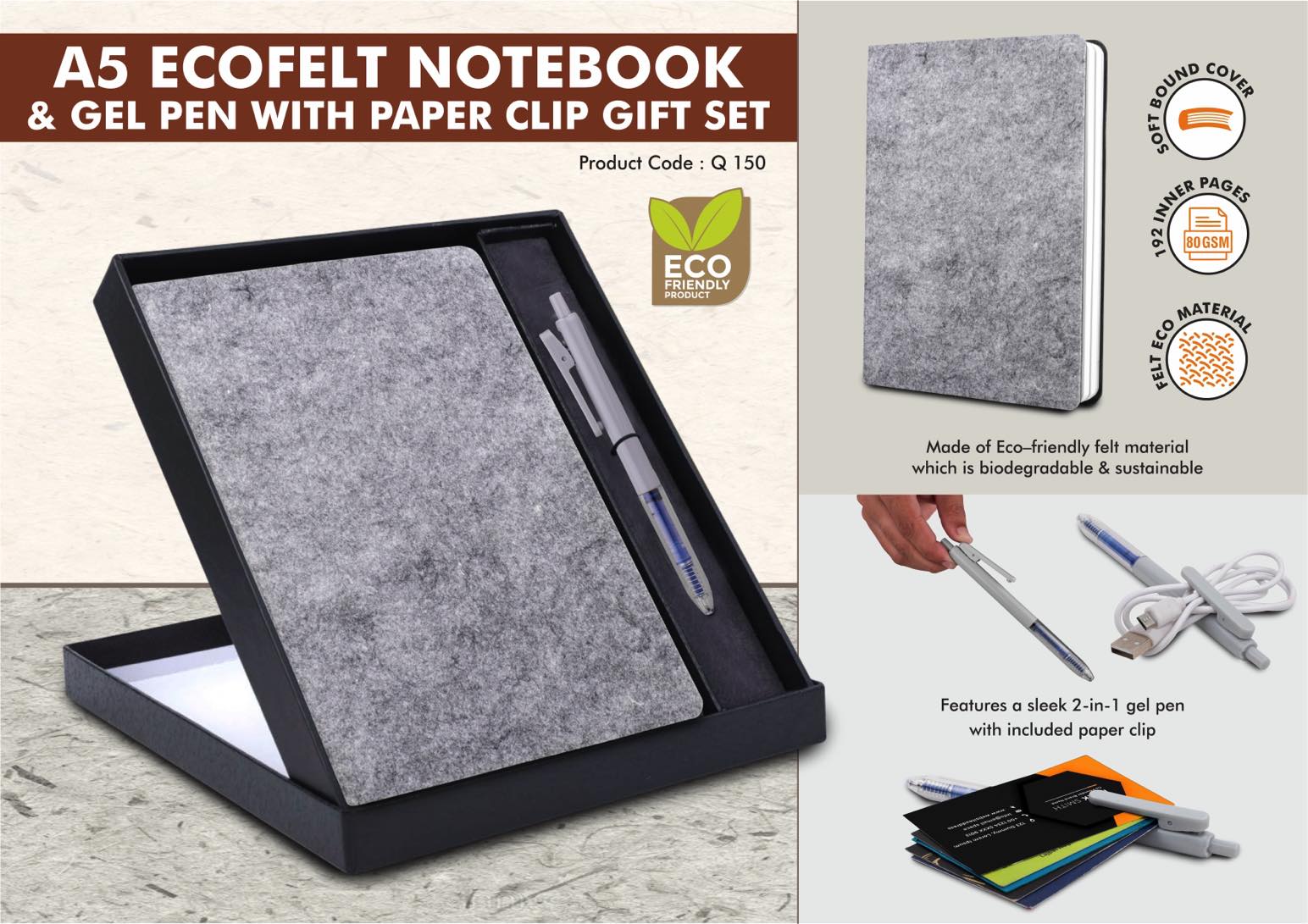 EcoFelt Notebook Gift set: A5 Eco Notebook With Paper Clip Gel
Pen
