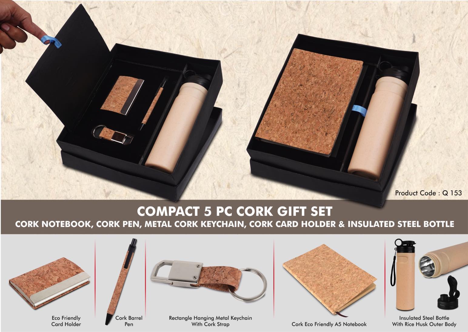 Compact 5 Pc Cork Gift Set: Cork Notebook, Cork Pen, Metal
Cork Keychain, Cork Card Holder & Insulated Steel Bottle