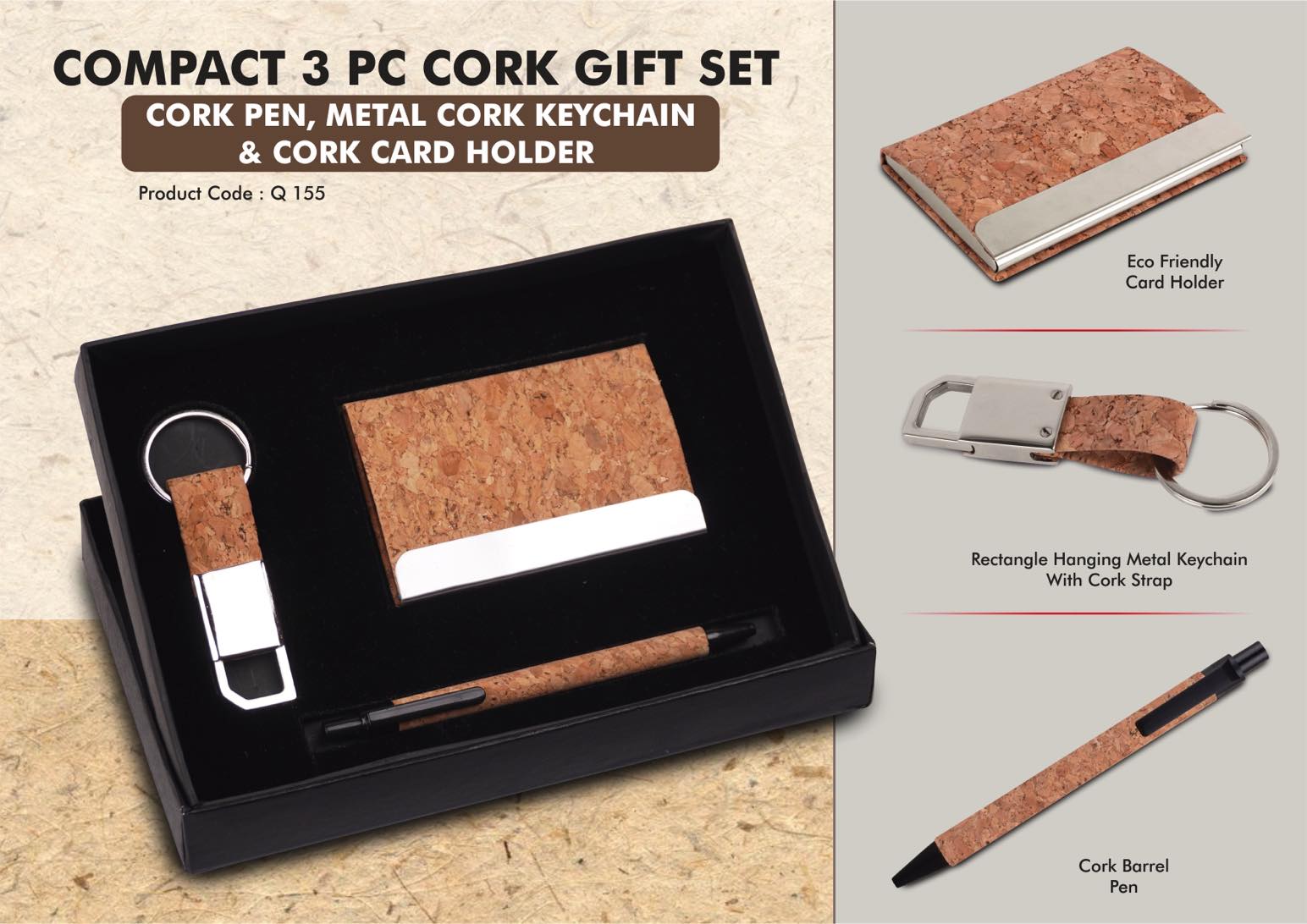 Compact 3 Pc Cork Gift Set: Cork Pen, Metal Cork Keychain &
Cork Card Holder