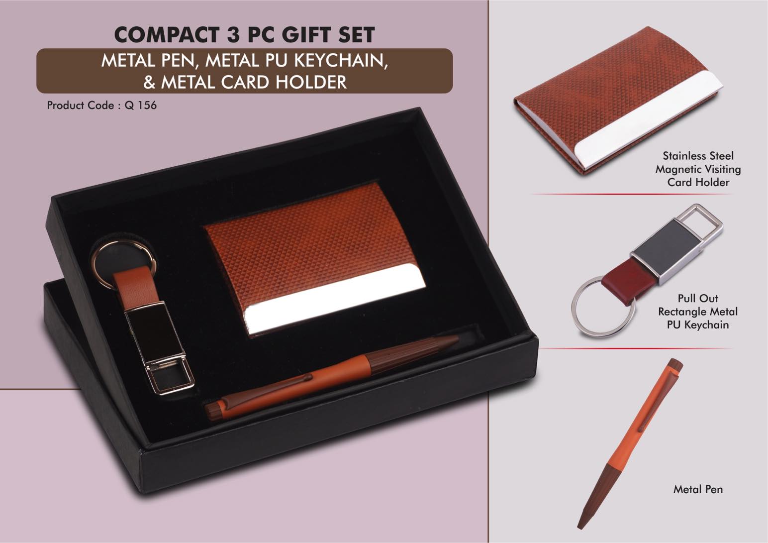 Compact 3 Pc Tan Gift Set: Metal Pen, Metal PU Keychain, &
Metal Card Holder