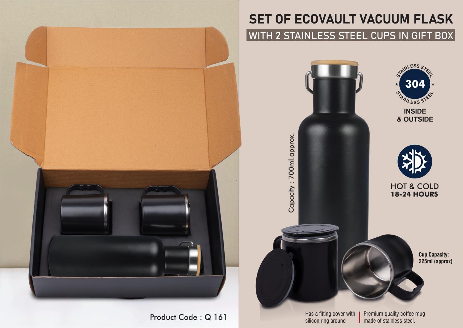 Set of EcoVault Vacuum Flask with 2 Stainless steel cups in Gift
box
