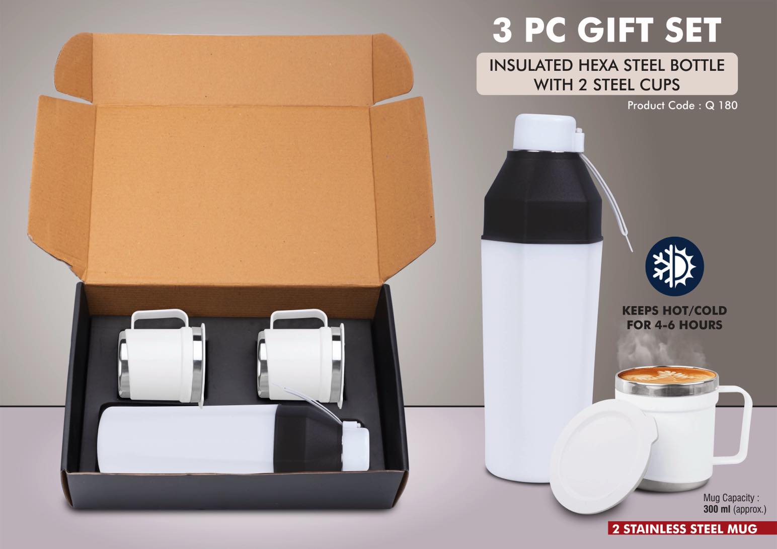 3 pc Gift Set : Insulated Square Steel bottle with 2 Steel cups |
Keeps hot for 4-6 hours
