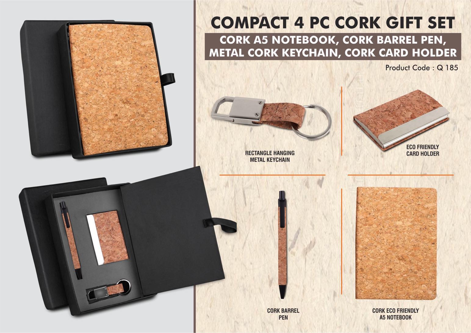 Cork 4 pc set: Cork notebook with card holder, hanging cork
keychain and cork pen