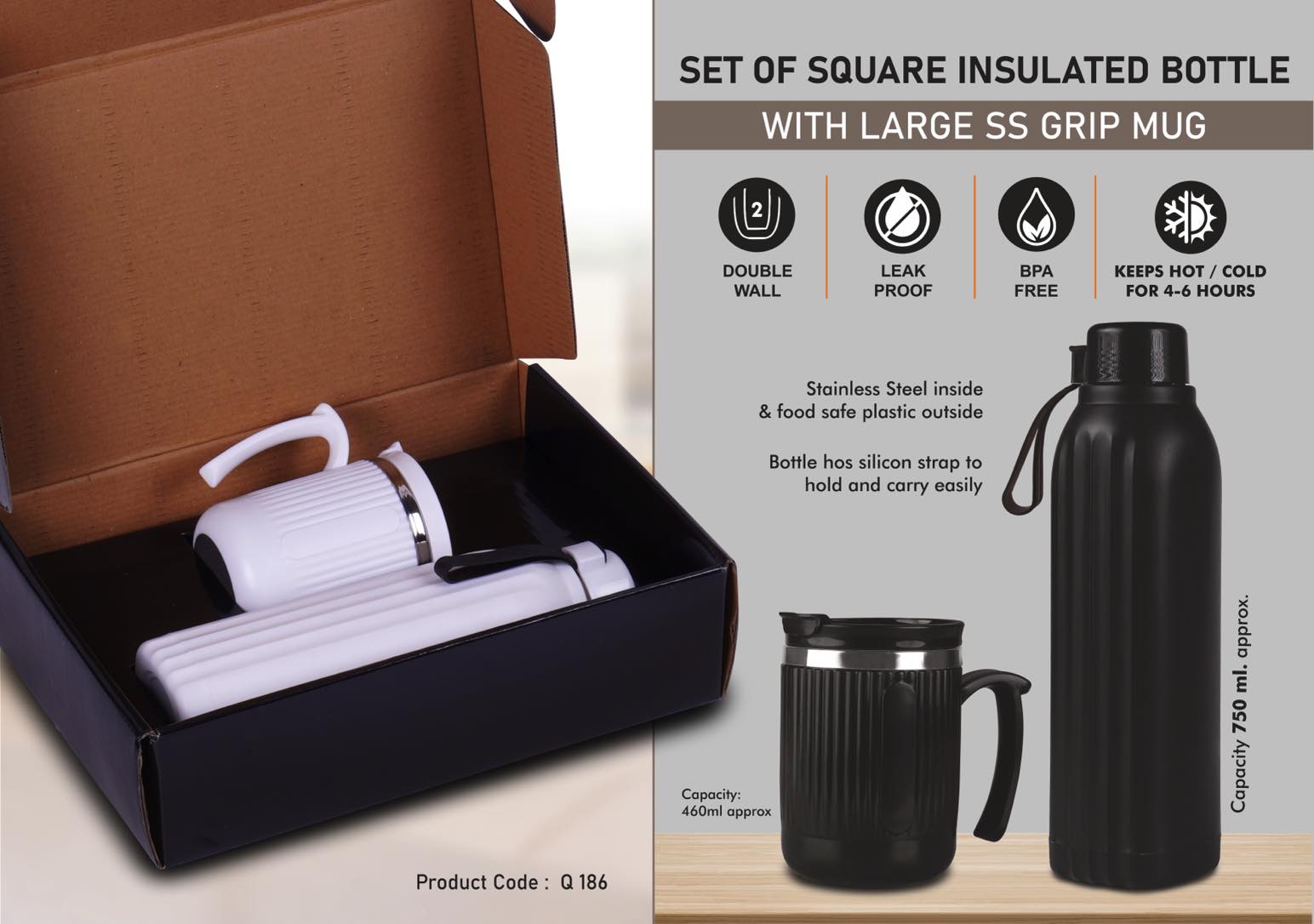 Set of Square Insulated bottle with Large SS Grip mug | Bottle
Keeps hot for 4-6 hours