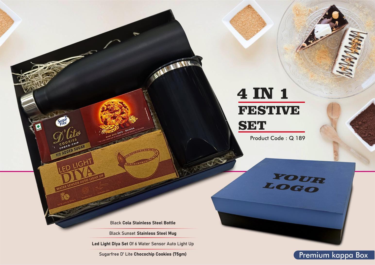 Festive Set of 4: Cola SS Bottle 1L, Premium SS Mug, LED Light
Diya Set of 6, Sugarfree Choco Chip Oat Cookies