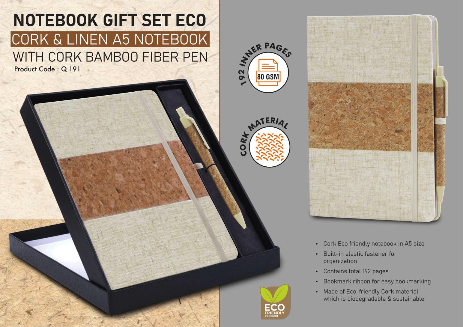 Notebook Gift set Eco: Cork & Linen A5 Notebook With Cork
Bamboo Fiber Pen
