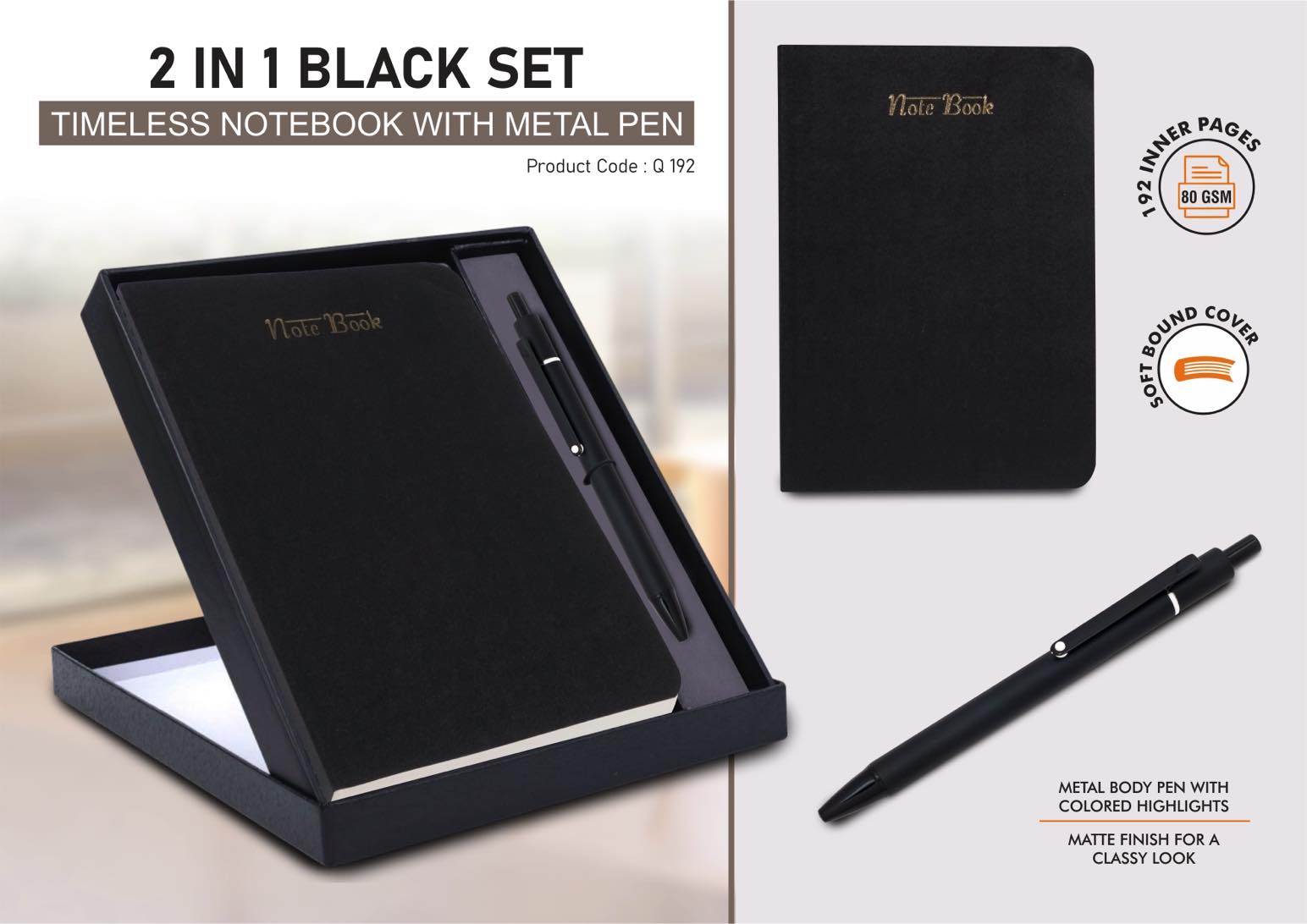 2 in 1 Black Set: Timeless notebook with Metal Pen in Folding
Cardboard Box