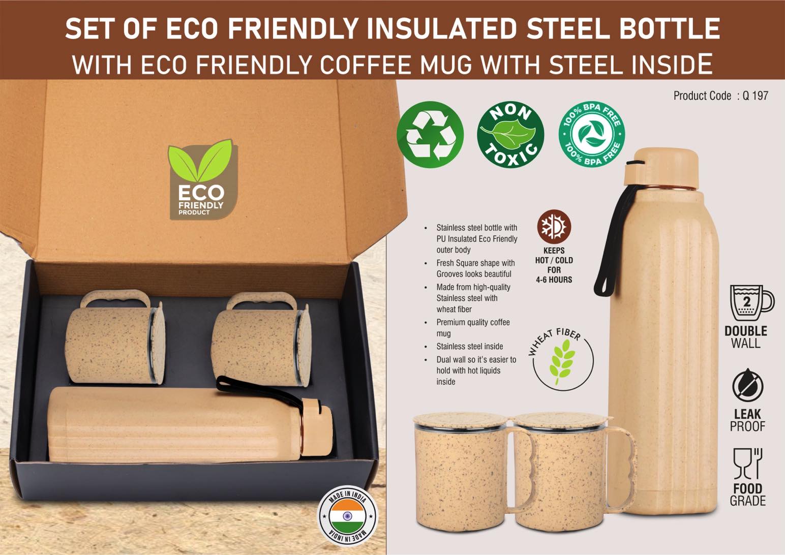 3 pc Eco Gift Set : Insulated Square Eco Steel bottle with 2 Eco
Steel cups | Keeps hot for 4-6 hours