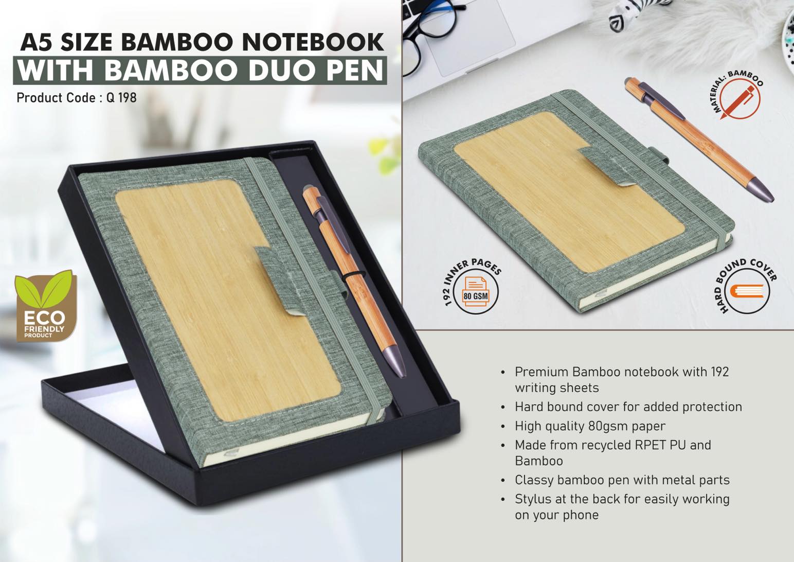 A5 Size Bamboo Notebook With Bamboo Duo Pen