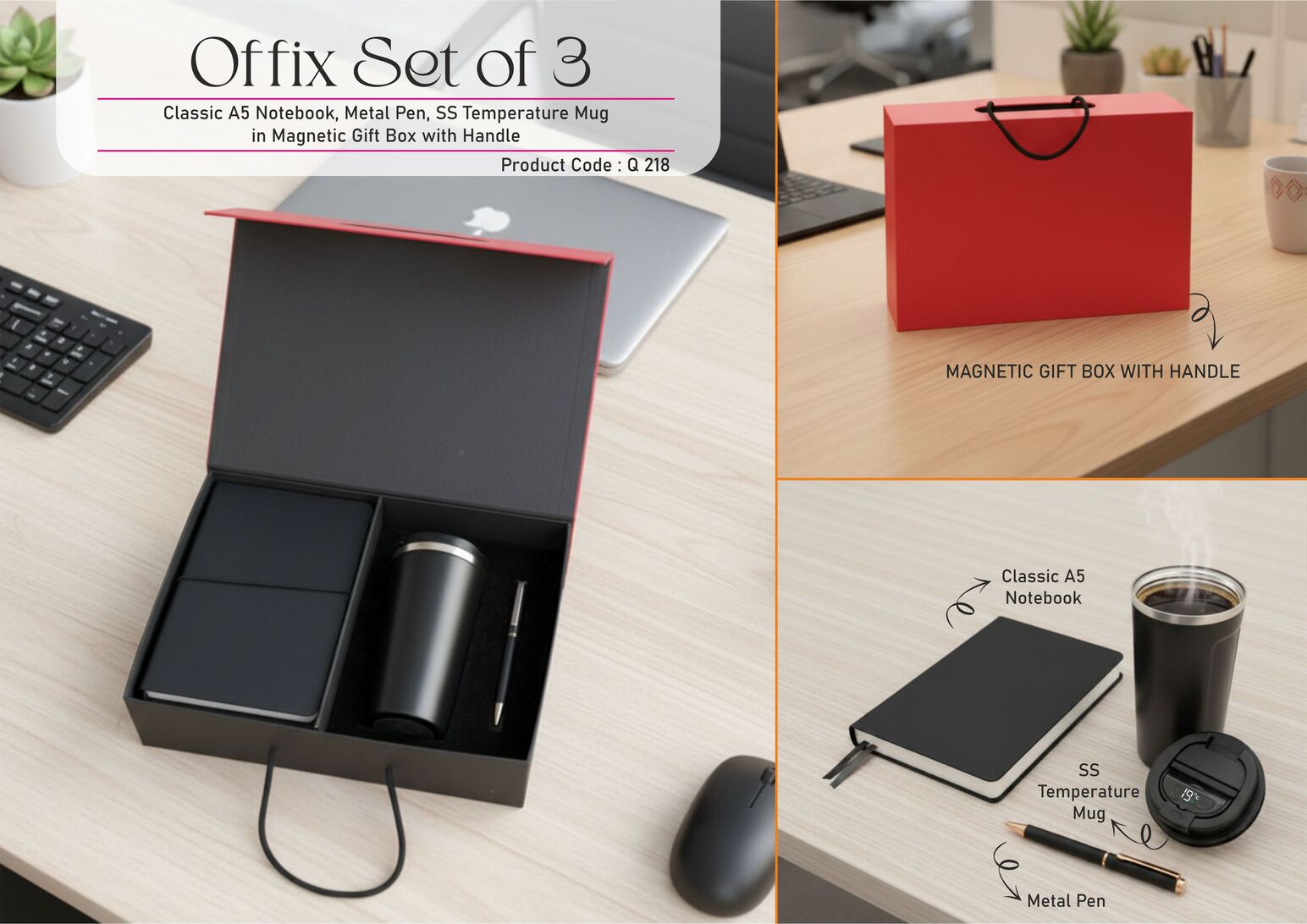 Offix Set of 3: Classic A5 Notebook, Metal Pen, SS Temperature
Mug in Magnetic Gift Box with Handle