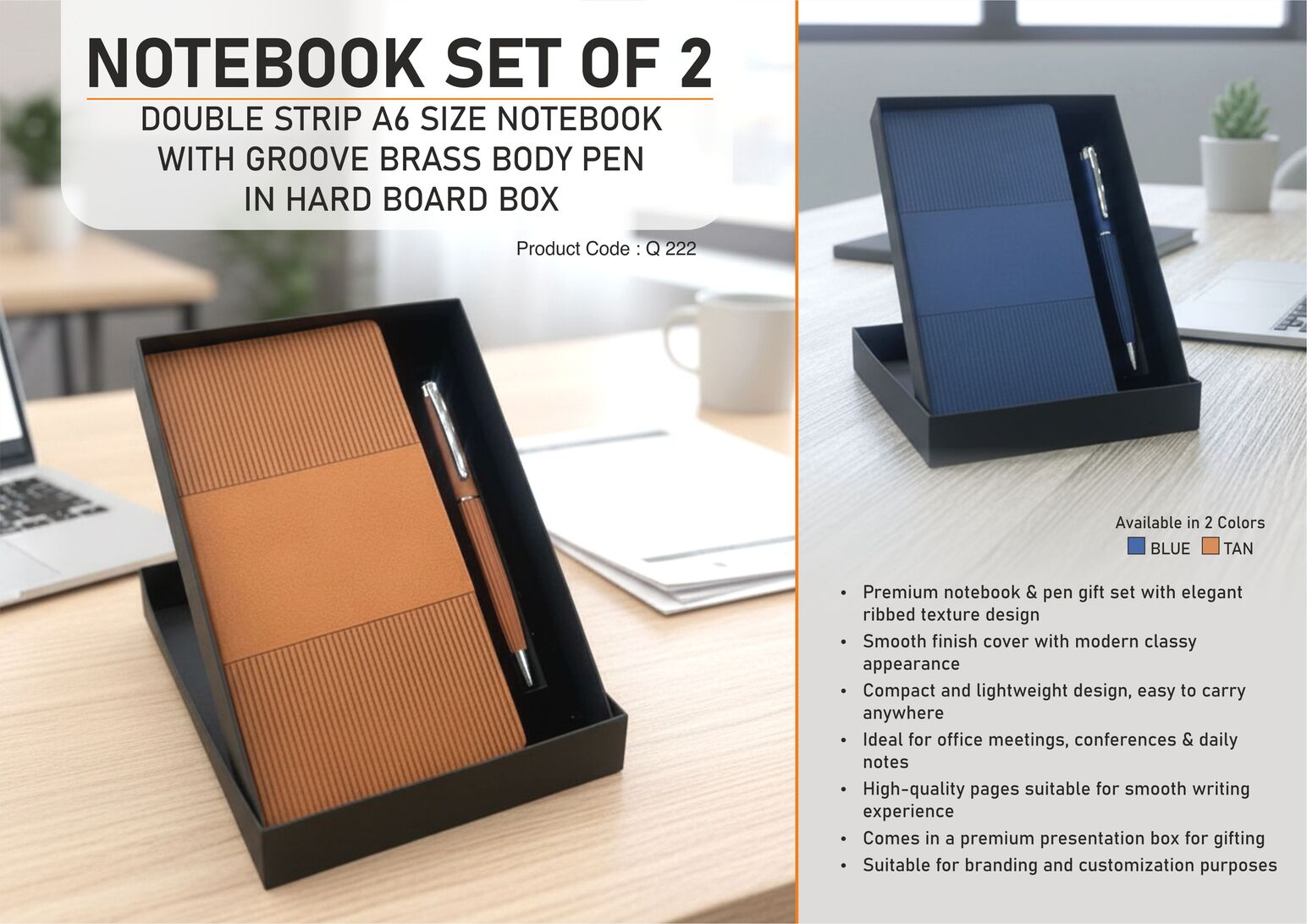 Notebook Set of 2: Double Strip A6 size Notebook, Groove
Brass body pen in Hard board box