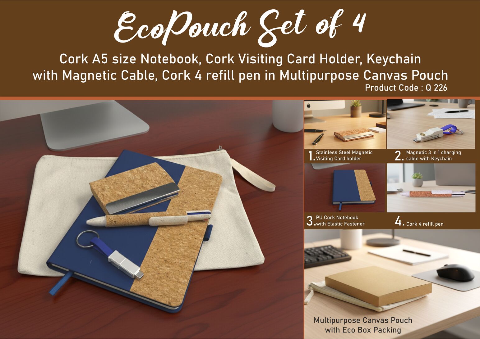 EcoPouch Set of 4: Cork Executive Kit in Multipurpose Canvas
Pouch- Blue edition