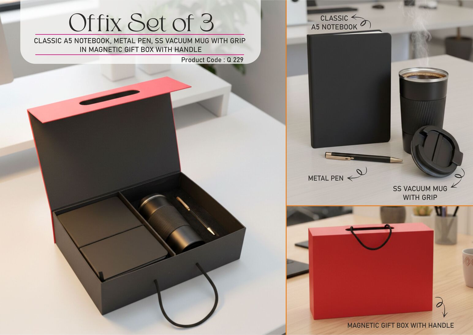 Offix Set of 3: Classic A5 Notebook, Metal Pen, SS Vacuum Mug
with grip in Magnetic Gift Box with Handle