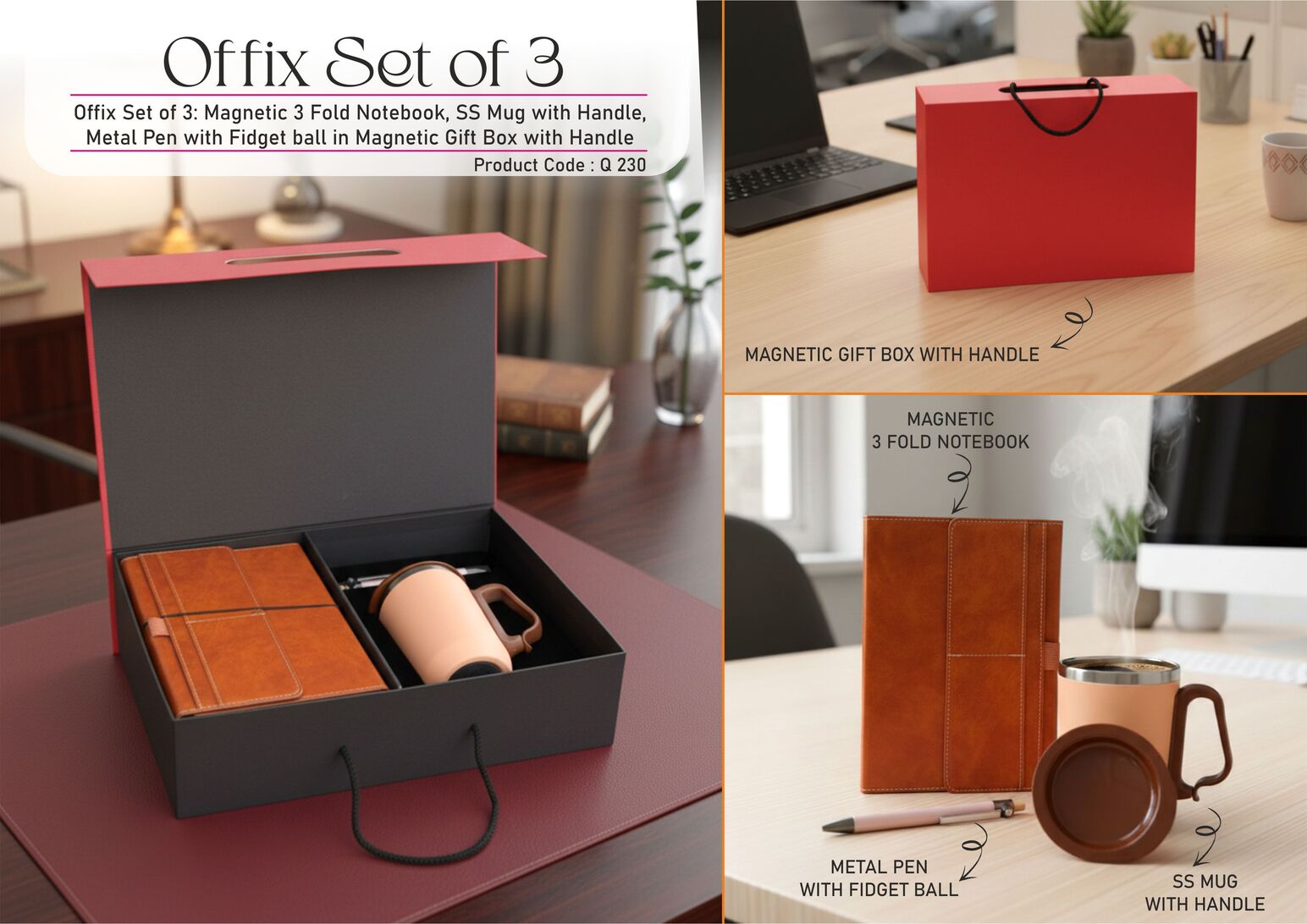 Offix Set of 3: Magnetic 3 Fold Notebook, SS Mug with Handle,
Loop Metal Pen Magnetic Gift Box with Handle