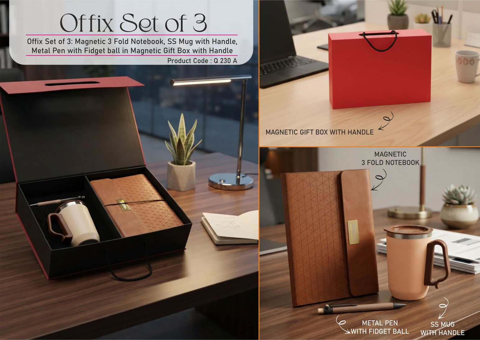 Offix Set of 3: magnetic 3-fold notebook, stainless-steel mug with handle and metal pen with fidget ball in magnetic gift box