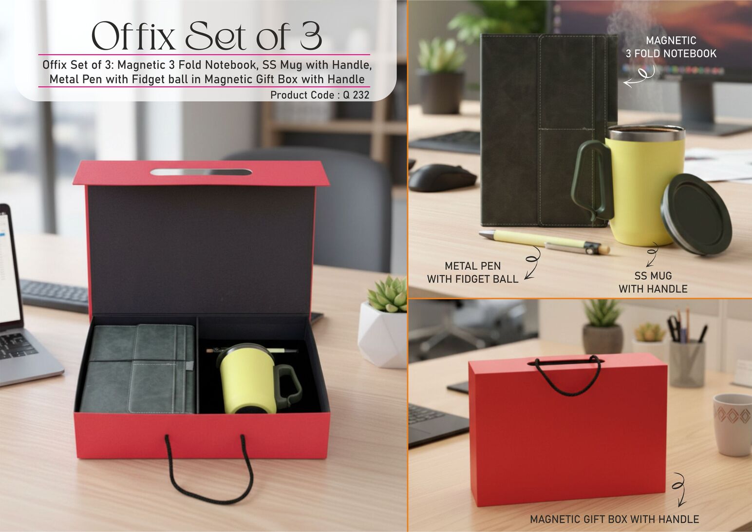 Offix Set of 3: Magnetic 3 Fold Notebook, SS Mug with Handle,
Loop Metal Pen Magnetic Gift Box with Handle