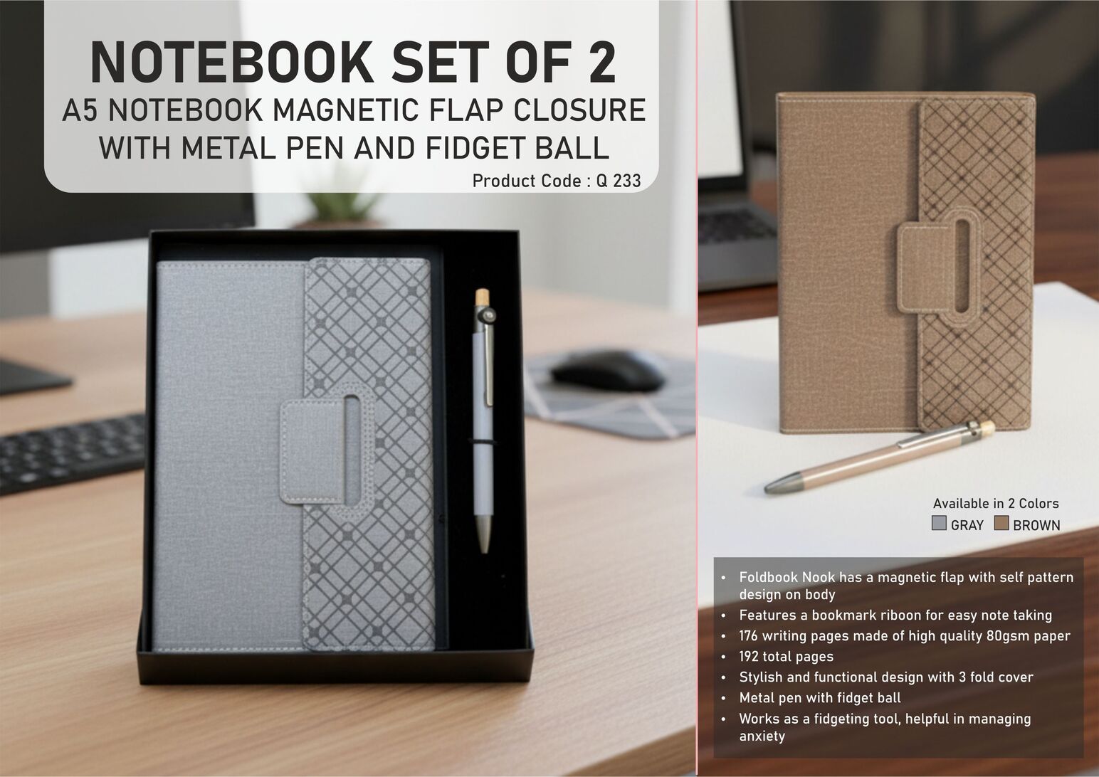Notebook Set of 2: Magnetic 3 Fold Nook Notebook, Metal Pen
with Fidget ball in in Hard board box