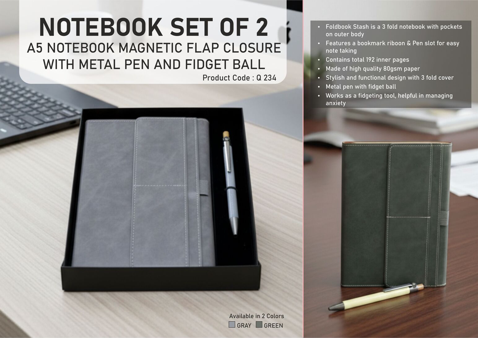 Notebook Set of 2: Magnetic 3 Fold Notebook, Metal Pen with
Fidget ball in in Hard board box