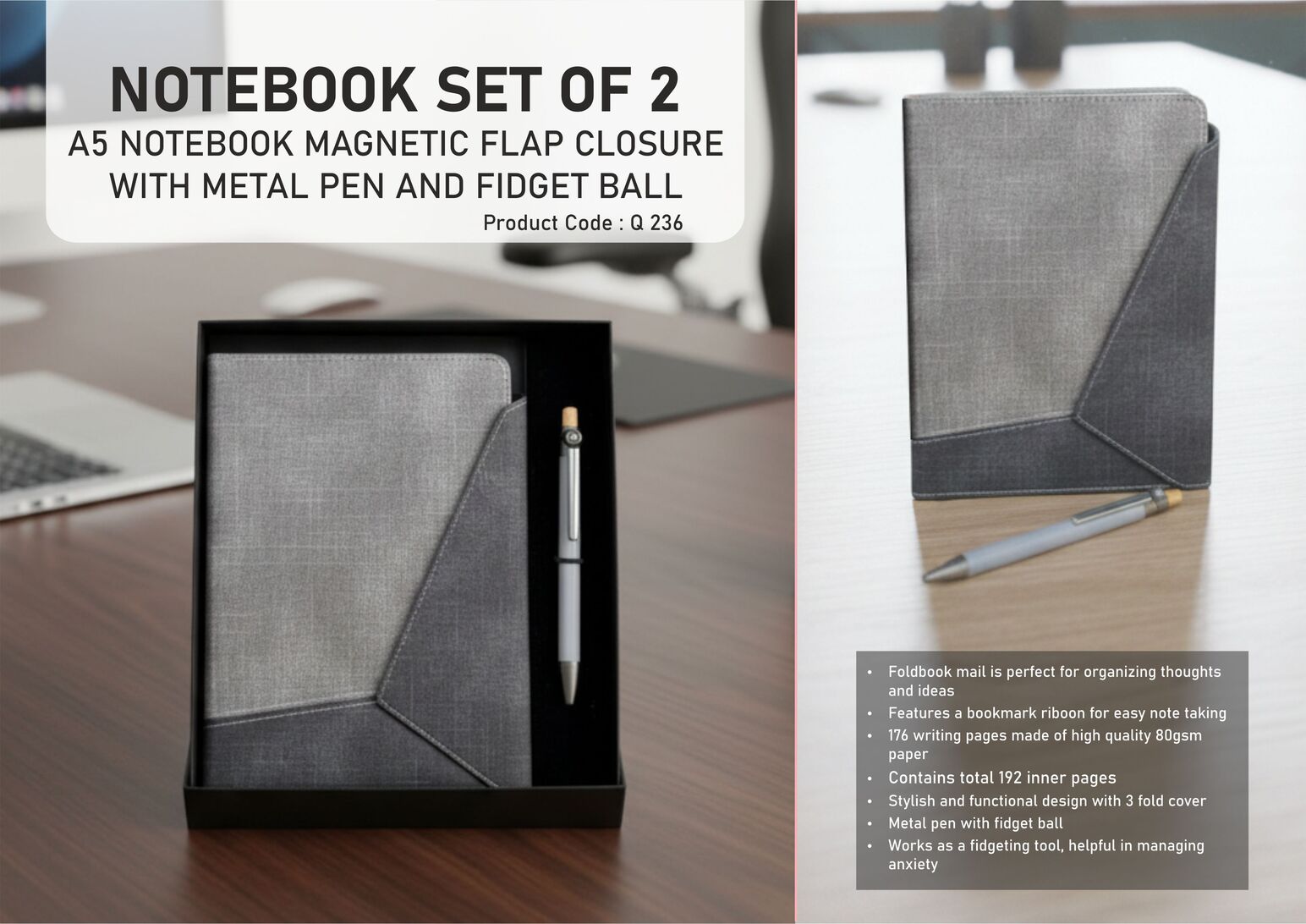Notebook Set of 2: Magnetic 3 Fold Mail Notebook, Metal Pen
with Fidget ball in in Hard board box