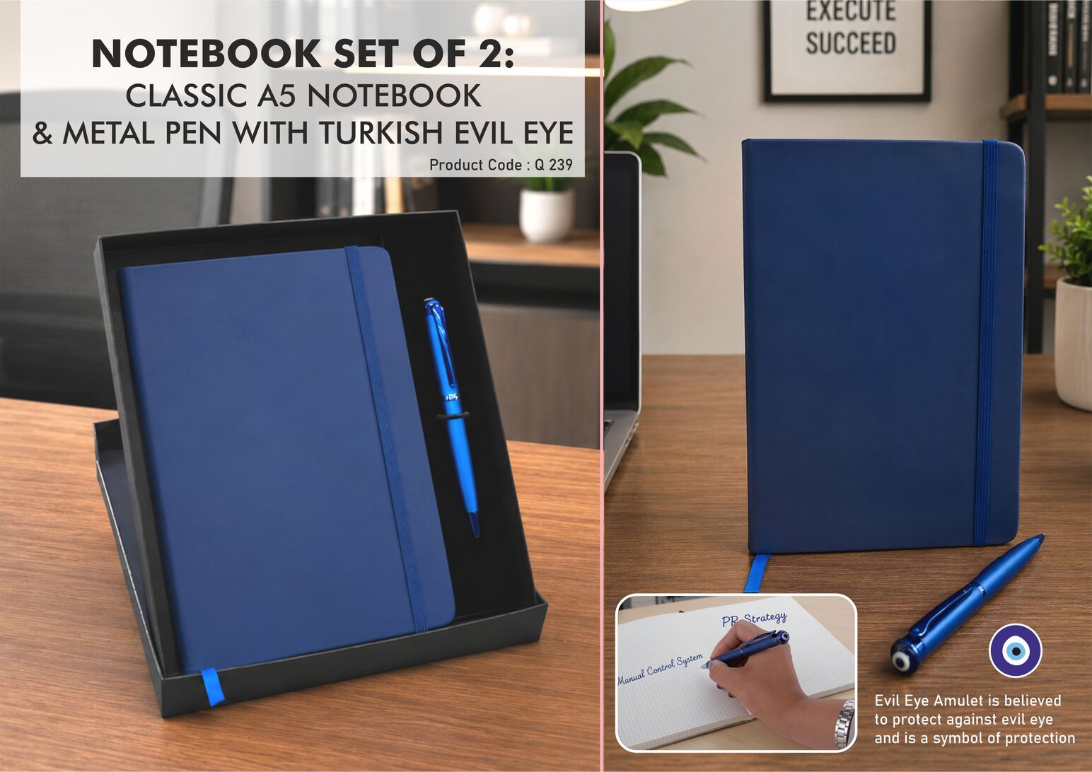 Notebook Set of 2: Classic A5 Notebook, Turkish Evil Eye Good
luck pen in in Hard board box