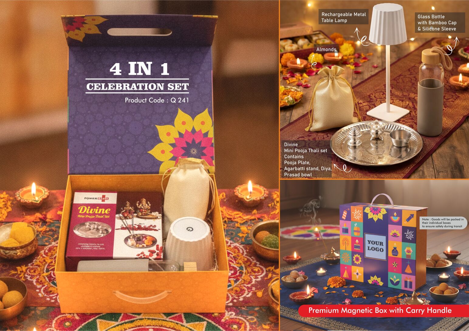 Celebrations Set of 4: Divine mini pooja thali set, glass bottle with silicone sleeve, ZigLume rechargeable lamp and almonds in magnetic gift box
